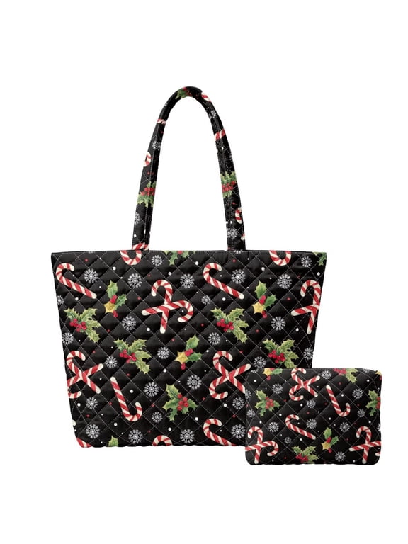 Black Christmas Candy Cane Quilted Tote Bag Set with Zipper Pockets, Padded Winter Holiday Handbag for Women with Matching Small Cosmetic Pouch for Daily Use & Party