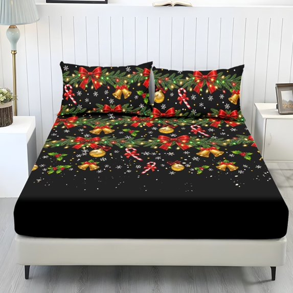 Aplkyhs Black Christmas Pattern 3-Piece Bed Fitted Sheet Set with 2 Pillowcases, Soft Wrinkle Resistant Breathable Deep Pocket Bedding Set for Bedroom Guest Room All Season Use