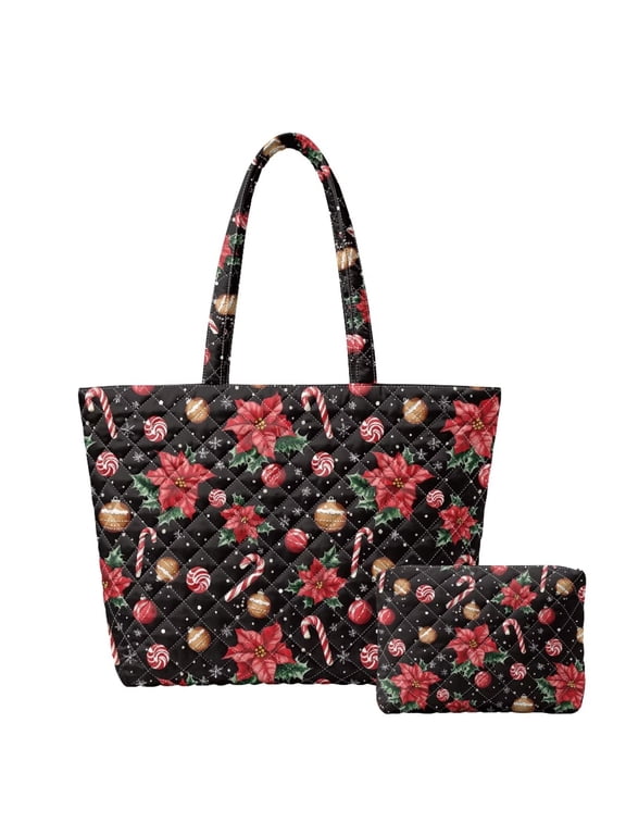 Black Christmas Print Padded Shoulder Bag Set for Women Zipper Closure Large Capacity Tote with Matching Pouch for Holiday Shopping Daily Outings Gift Giving