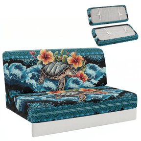 Aplkyhs Blue Aztec Sea Turtle Folding Sofa Bed Covers for RV 2-Piece Stretch Camper Slipcovers with Elastic Band Anti-Slip Washable Breathable Furniture Protector for Jackknife Sofa
