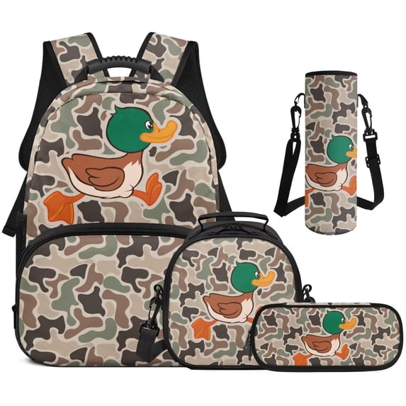 Aplkyhs Brown Camo Duck Kids School Backpack Set 4 Pieces with Lunch Bag Pencil Case and Water Bottle Holder Large Capacity Bookbag for Girls Boys