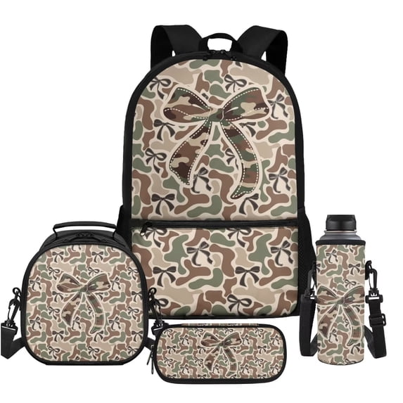 Aplkyhs Brown Camouflage Bow 4 Piece Kids Backpack Set with Lunch Bag Pencil Case and Bottle Holder School Backpack for Elementary Middle School Students