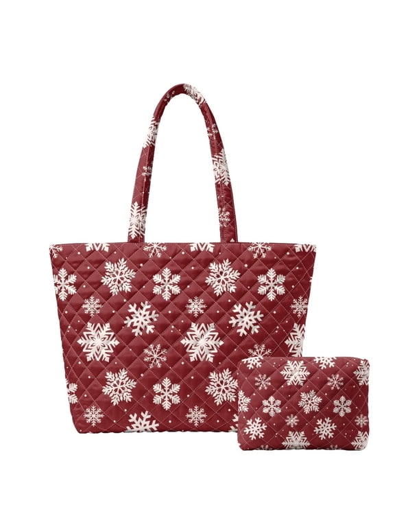 Burgundy Snowflake Padded Tote Bag Set for Women, Zipper Closure Large Shoulder Handbag with Matching Small Pouch for Holiday Daily Use, Gift for Ladies