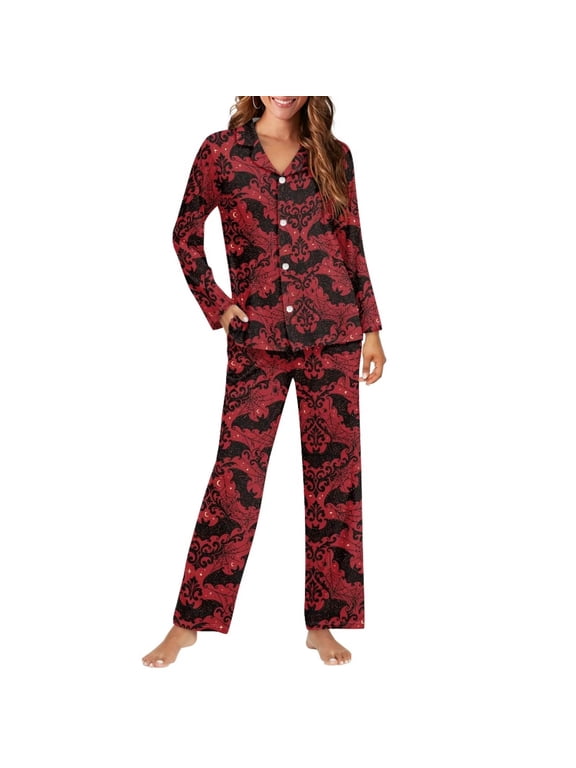 Button Down Pajama Sets Women Gothic Halloween Bat Damask Pjs Long Sleeve Shirt & Long Pants Classic V Neck Sleepwear Loungewear 2 Piece PJ Set
