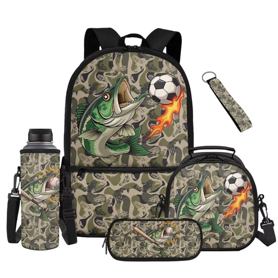 Aplkyhs Camo Hunting Fish Kids Backpack Set of 4 with Lunch Box Pencil Case and Water Bottle Carrier Includes Schoolbag with Front Pocket Elementary School Girls