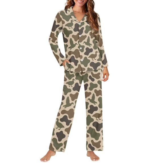 Aplkyhs Camouflage Duck Hunting Womens Pajamas Set Loungewear Two-Piece Sleepwear Button-Down Pj Set Lounge Sets with Pockets