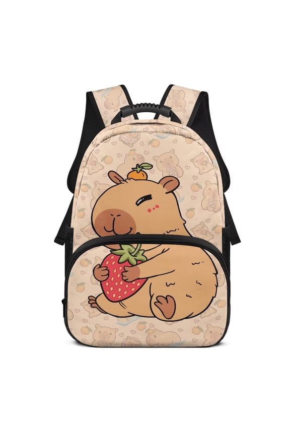 Capybara Strawberry School Backpack for Students Age 6-18 Large Capacity Ergonomic Padded Adjustable Shoulder Straps Unisex Back to School Backpack for Elementary Middle High School