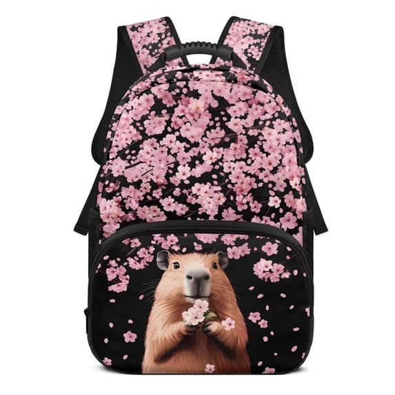 Aplkyhs Cherry Blossom Capybara School Backpack for Boys Girls Ages 6-18 Large Capacity Ergonomic Padded Adjustable Shoulder Straps for Elementary Middle High School Daily Use Travel