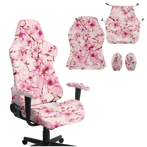 Aplkyhs Cherry Blossom Gaming Chair Cover 4 Pieces Cat Scratch Proof Gaming Chair Protective Cover Stretch Fabric Machine Washable for Reclining Racing Gaming Chair