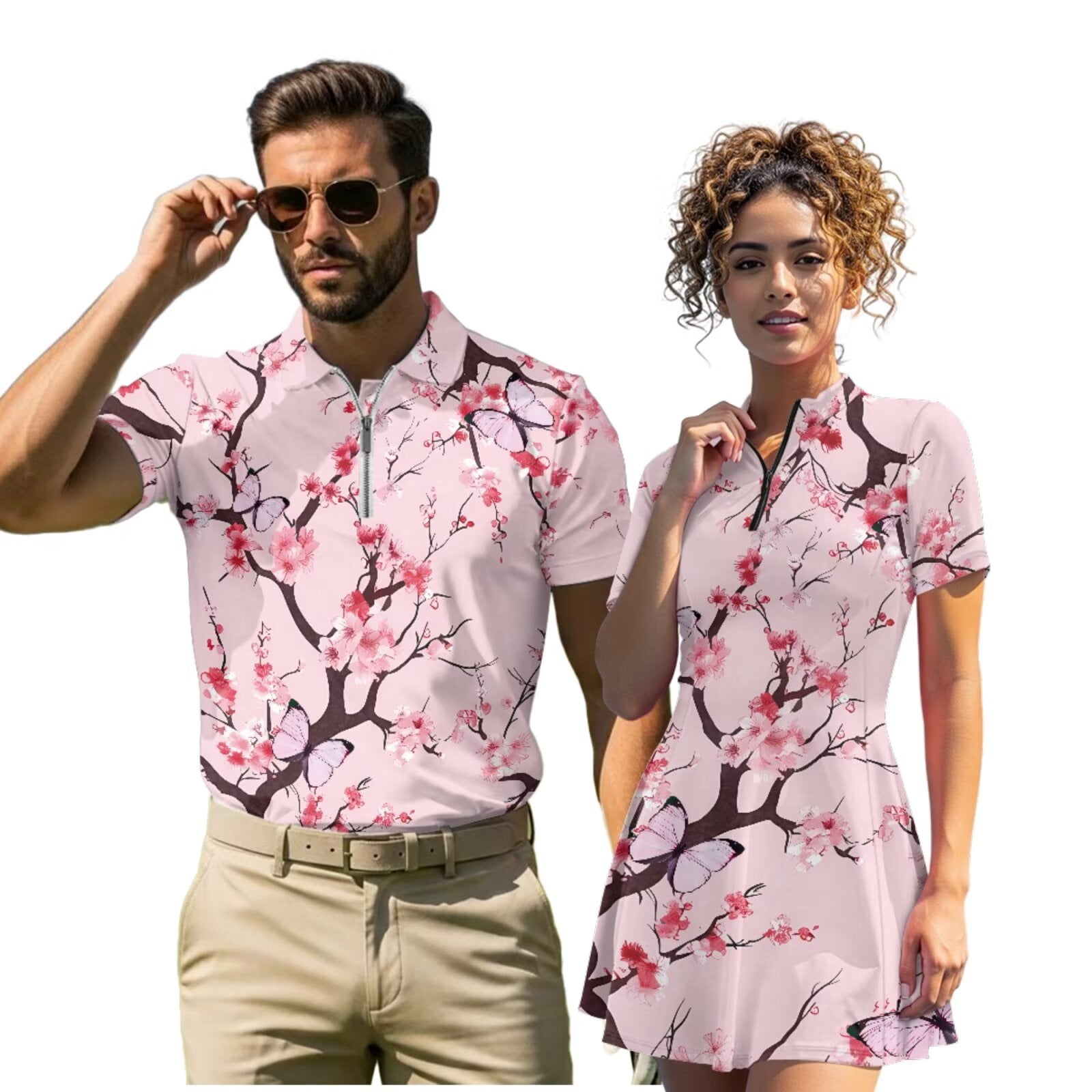Aplkyhs Cherry Blossom Matching Couple Golf Shirts Matching Couple ...