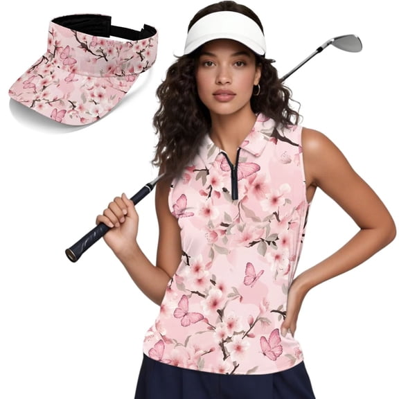 Aplkyhs Cherry Blossom Women's Golf Shirt and Sun Visor Hat Set Racerback Sleeveless Moisture Wicking Breathable Fabric for Golf Tennis Competitive Play and Casual Post Activity Daily Wear