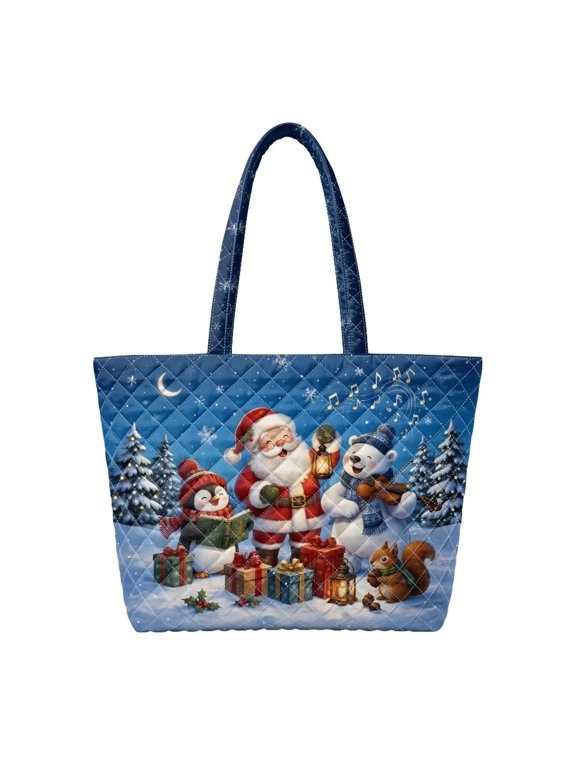 Christmas Cartoon Padded Tote Bag, Winter Holiday Zippered Large Capacity Handbag for Gift Giving, Grocery Shopping, Vacation Travel and Daily Commute Use