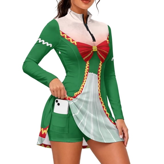 Aplkyhs Christmas Elf Women's Two Piece Tennis Dresses Set Quarter Zipper Long Sleeve Two Piece Lightweight Activewear Golf Dresses Set S-2XL Moisture Wicking