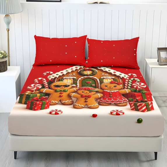 Aplkyhs Christmas Gingerbread Print 3-Piece Bed Fitted Sheet Set with Pillowcases, Soft Breathable Wrinkle Resistant Machine Washable for Holiday Bedroom Kids Adults All Season Use