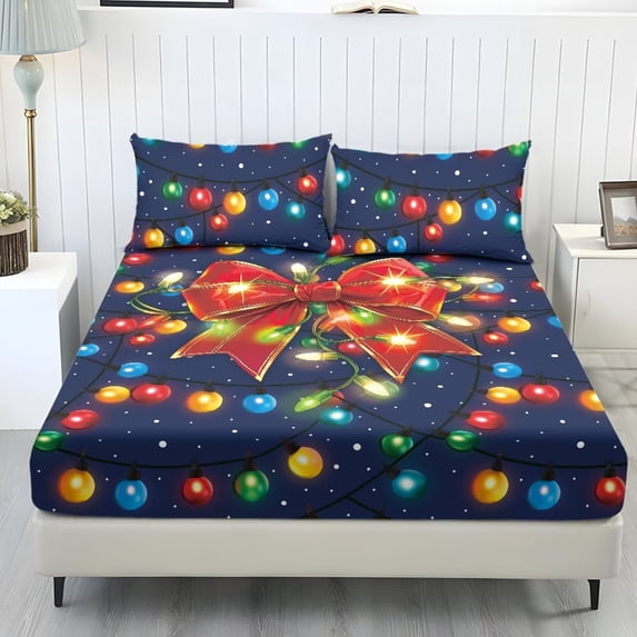Aplkyhs Christmas Lights Bow Print 3-Piece Bedding Fitted Sheet Set, Soft Breathable Deep Pocket Bed Sheet with 2, Wrinkle Resistant Machine Washable for Bedroom Holiday Decor