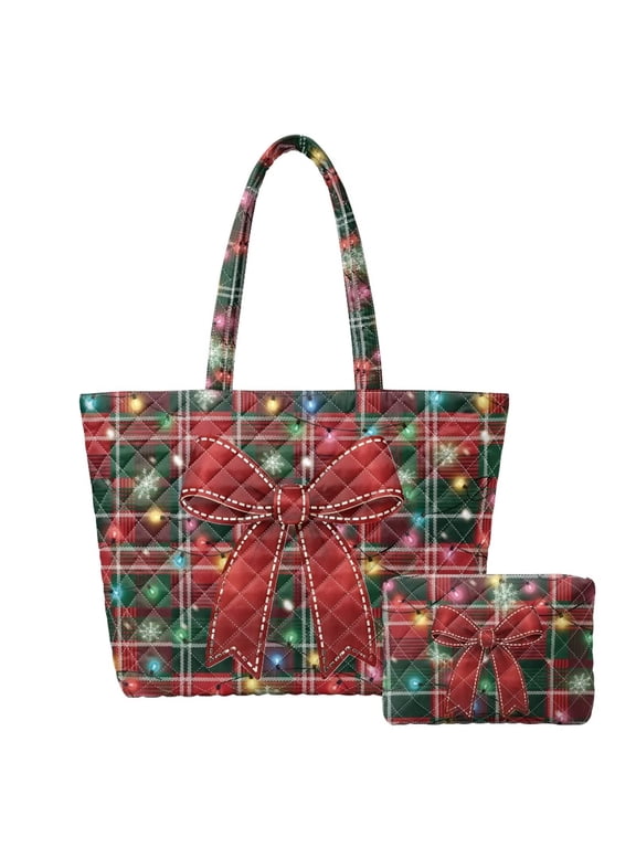 Christmas Plaid Padded Tote Handbag Set with Matching Pouch, Bow Decor Zipper Pockets Festive Daily Shoulder Bag for Women Holiday Shopping Travel