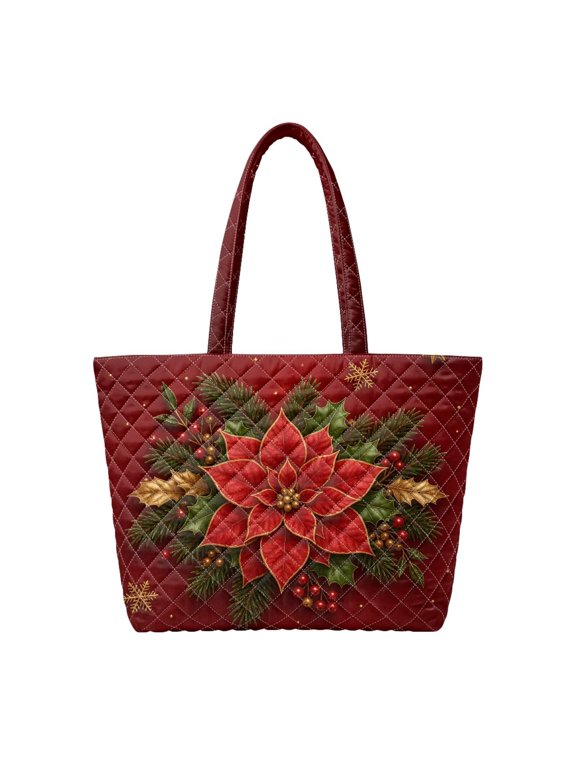 Christmas Poinsettia Padded Shoulder Tote Bag, Zipper Closure Festive Quilted Handbag for Xmas Shopping, Holiday Gift Carrying, Winter Travel and Daily Commute Use