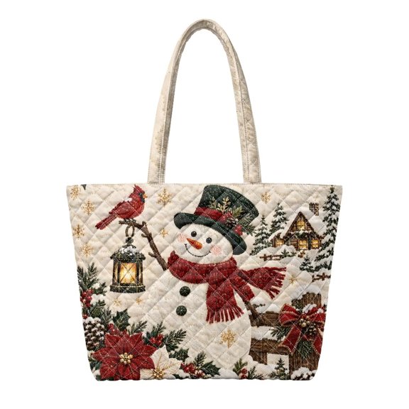 Aplkyhs Christmas Snowman Print Padded Tote Bag, Zipper Closure Winter Festival Carryall Bag for Holiday Shopping, Gift Toting, Weekend Getaway and Daily Commute Use