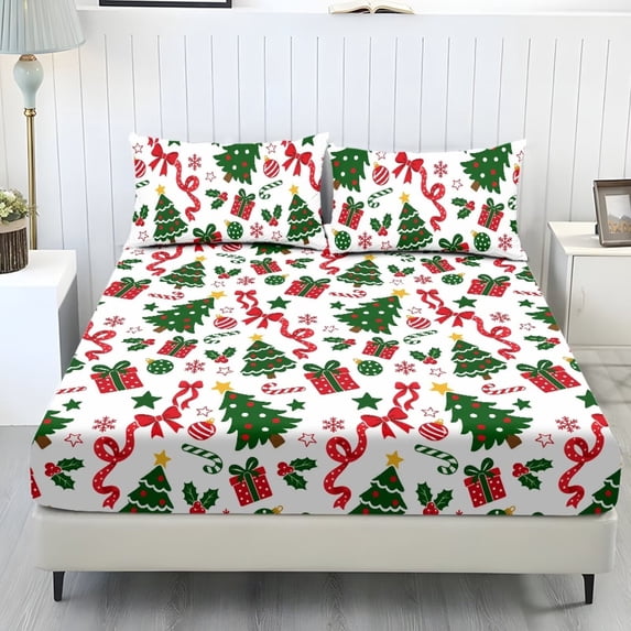 Aplkyhs Christmas Tree Print 3-Piece Bedding Fitted Sheet Set with 2 Pillowcases Soft Breathable Wrinkle Resistant Machine Washable for Holiday Bedroom Decor All Season Use