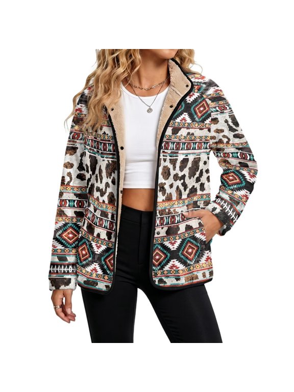 Cow Print Aztec Womens Sherpa Lined Fuzzy Jacket, Button Down Warm Winter Outerwear with Pockets, Long Sleeve Casual Western Style Coat for Daily Wear