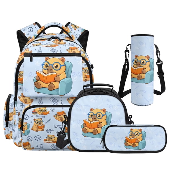 Aplkyhs Cute Capybara School Backpack Set 4Pcs with Lunch Box Pencil Case Water Bottle Holder with Strap Portable Lunch Bag for Elementary Primary Middle School Bookbag