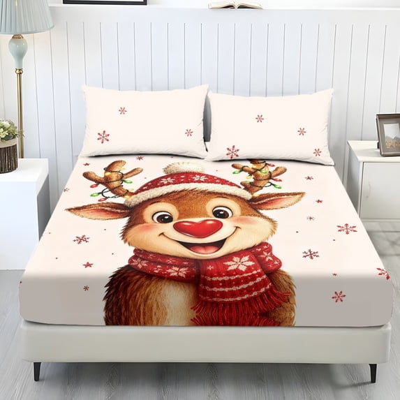 Aplkyhs Cute Reindeer Print 3 Piece Bedding Fitted Sheet Set with 2 Pillow Shams Soft Breathable Wrinkle Resistant Machine Washable for Christmas Bedroom Guest Room All Season Use