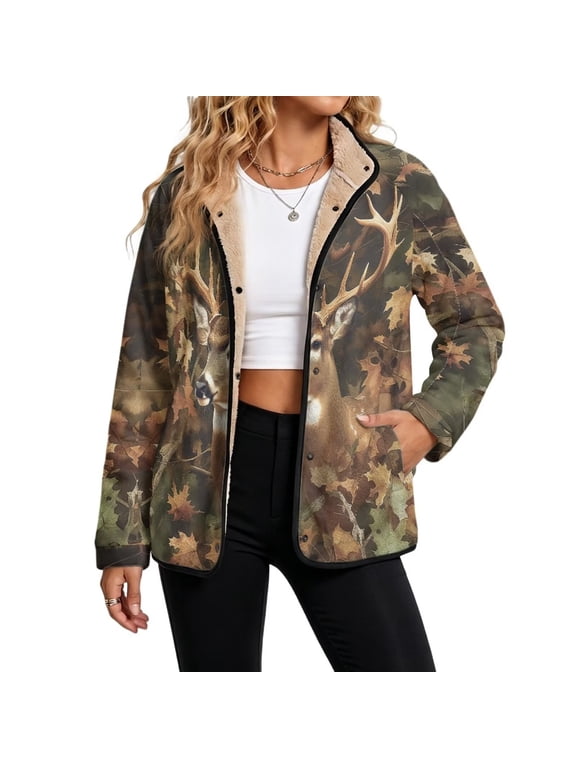 Deer Camouflage Sherpa Lined Jacket for Women Button Front Fuzzy Warm Coats Long Sleeve Outdoor Outerwear with Side, Casual Fall Winter Outfits for Hiking Daily Wear