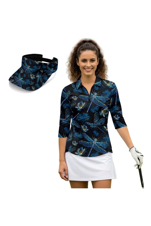 Dragonfly Women's Golf Shirt and Sun Visor Hat Set Adjustable Fashion Baseball Golf Cap Golf Tennis Shirts Breathable Fabric 4-Way Stretch for Camping Fishing Music Festival