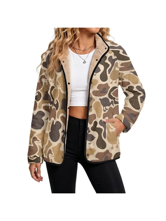 Duck Camo Print Women's Fuzzy Shearling Jacket Snap Closure Warm Fleece Outerwear with Side Pockets, Long Sleeve Casual Winter Coat for Daily Outdoor Wear