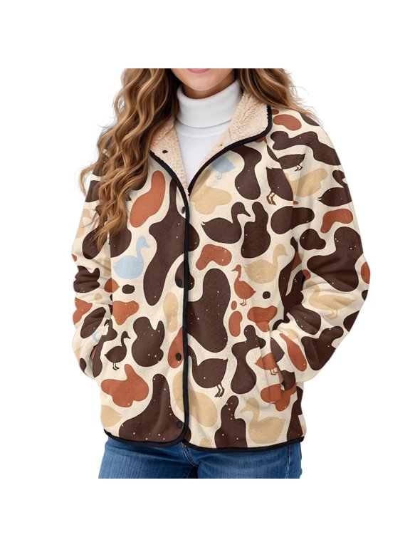 Duck Print Camo Fuzzy Sherpa Lined Jacket for Women, Button Down Warm Fluffy Outerwear with Pockets, Long Sleeve Casual Winter Coat for Daily Wear