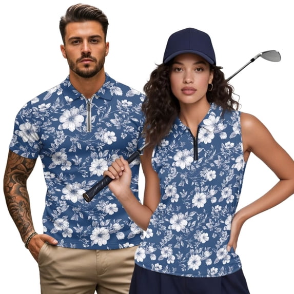 Aplkyhs Funny Couple Golf Shirts Retro Floral Women Sport Cloth Moisture Wicking Suitable for Tennis Enthusiasts Machine Washable Soft and Comfortable