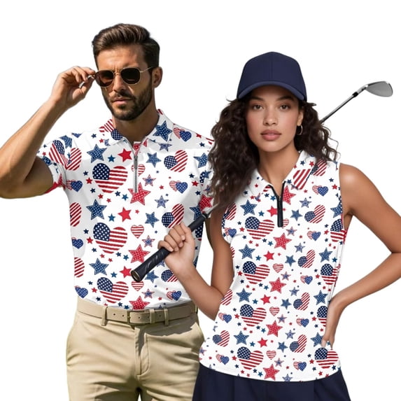 Aplkyhs Funny Couple Golf Shirts Women Sport Cloth Patriotic USA Flag Heart Moisture Wicking Suitable for Tennis Enthusiasts Machine Washable Soft and Comfortable