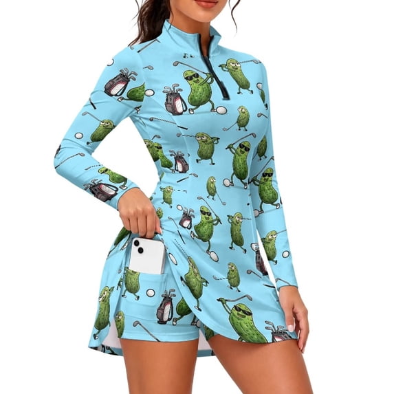 Aplkyhs Funny Pickles Women Athletic Tennis Dress with Shorts Pockets Long Sleeve Quarter 1/4 Zip Up Breathable Workout Athletic Dress 2 Piece Sets Moisture Wicking