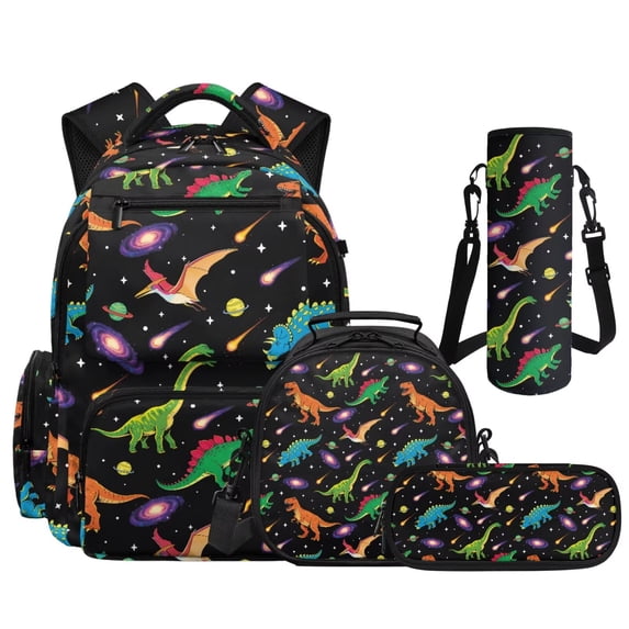 Aplkyhs Galaxy Dinosaurs Kids Backpack Set 4Pcs with Lunch Bag Pen Bag Set and Water Bottle Case Cover Large Capacity Lunch Box for Elementary School Students