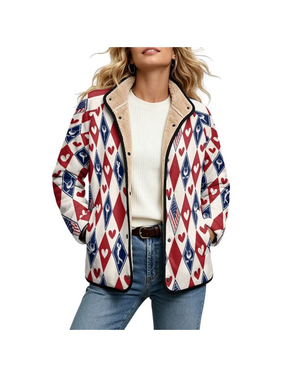 Golf Argyle Print Women's Fuzzy Shearling Lined Coat, Button Down Winter Warm Outerwear with Pockets, Long Sleeve Casual Plush Jacket for Daily Outdoor