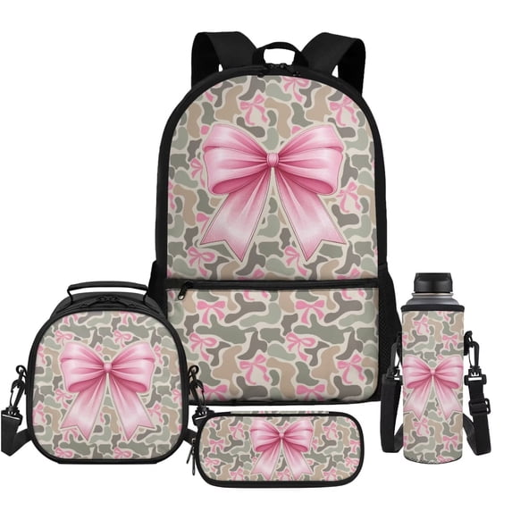 Aplkyhs Green Camo Pink Bow School Backpack Set of 4 with Lunch Bag Pen Bag Set Bottle Sleeve for Girls Boys Multifunctional Pencil Case Suitable for Elementary Middle School High