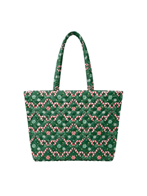 Green Candy Cane Padded Shoulder Tote Bag, Zipper Closure Christmas Quilted Handbag for Xmas Gift Giving, Holiday Travel, Grocery Shopping, Daily Commute Use