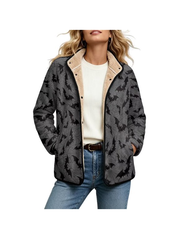 Grey Bat Print Women's Sherpa Lined Fuzzy Jacket Button Front Warm Winter Outerwear with Side Pockets, Long Sleeve Casual Halloween Style Coats for Daily Wear