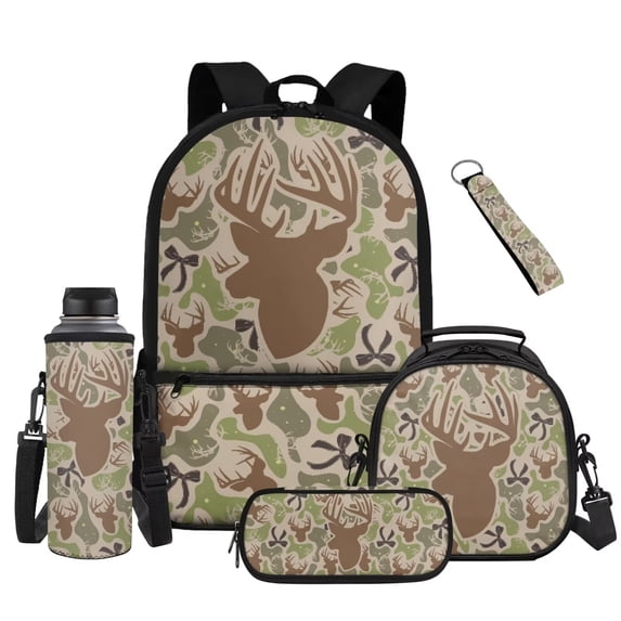 Aplkyhs Kids Backpack Set of 4 Camouflage Hunting Deer with Lunch Box Pencil Case and Water Bottle Carrier Includes Schoolbag with Front Pocket Elementary School Boys and Girls