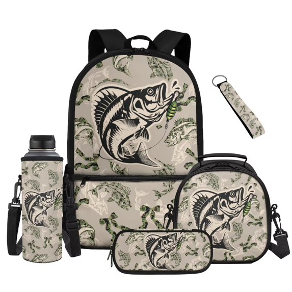 Aplkyhs Kids Backpack Set of 4 Camouflage Hunting Fish with Lunch Bag Pen Bag Set Bottle Sleeve for Girls Boys Multifunctional Pencil Case Suitable for Elementary Middle School High