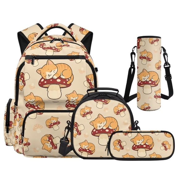 Aplkyhs Kids Backpack Set of 4 with Lunch Bag Pen Bag Set Bottle Sleeve for Girls Boys Multifunctional Pencil Case Suitable for Elementary Middle School High Mushroom Cat