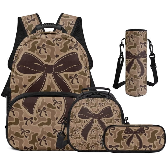 Aplkyhs Kids Backpack Set 4Pcs Brown Bow Print with Lunch Bag Pen Bag Set and Water Bottle Case Cover Large Capacity Lunch Box for Elementary School Students