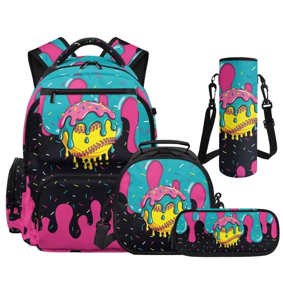 Aplkyhs Kids Backpack Set 4Pcs Kids Backpack for Girls with Lunch Box Pencil Case and Water Bottle Case Cover Suitable for Elementary Middle School High School Ice Cream Print