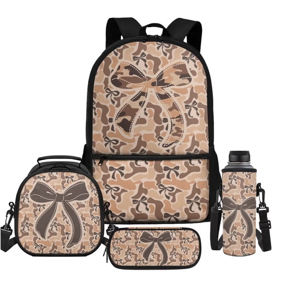 Aplkyhs Kids Backpack Set Brown Camouflage Bow 4Pcs Kids Backpack for Girls with Lunch Box Pencil Case and Water Bottle Case Cover Suitable for Elementary Middle School High School