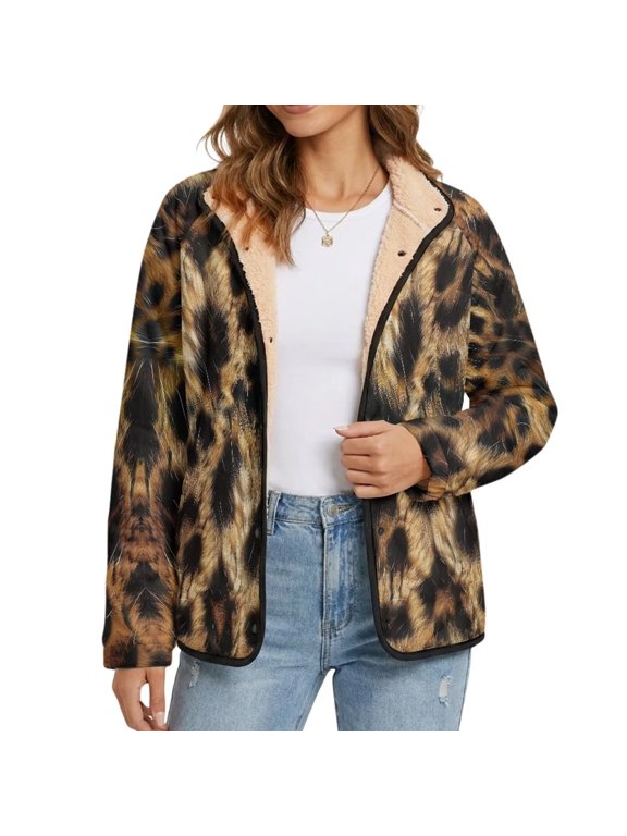 Leopard Print Women's Reversible Sherpa Lined Jacket Fuzzy Warm Button Down Outerwear, Long Sleeve Casual Winter Coats for Daily Wear Street Outings