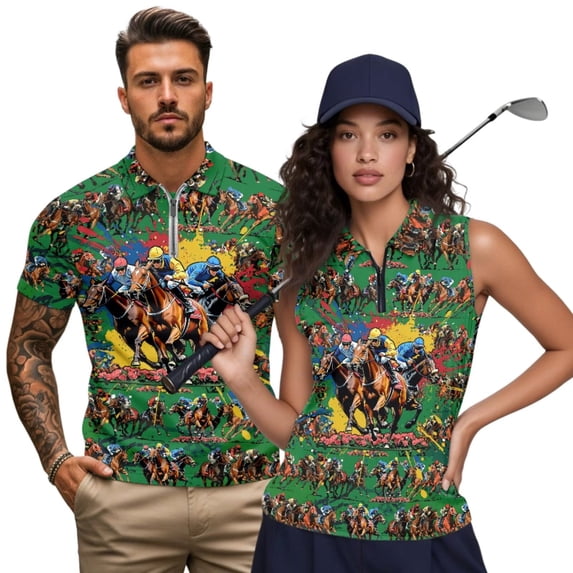 Aplkyhs Matching Couple Golf Shirts Horse Racing Funny Men Women Matching Couple Golf Shirts 4-Way Stretch Golf Tennis Tank Top Quick Dry Suitable for Tennis Enthusiasts
