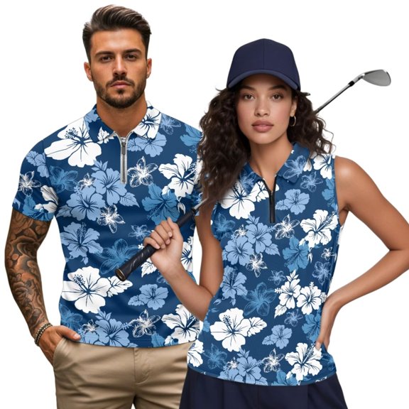 Aplkyhs Matching Couple Sport Shirts Blue Hibiscus Floral Lightweight Funny Men Women Matching Couple Golf Shirts Keep Cool in Hot Weather Racerback Design for Casual Wear