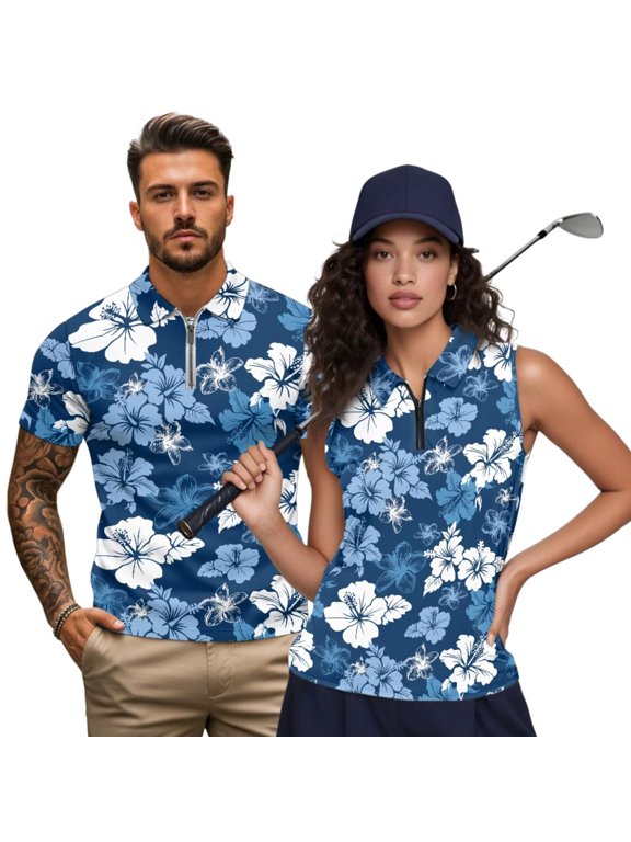 Matching Couple Sport Shirts Blue Hibiscus Floral Lightweight Funny Men Women Matching Couple Golf Shirts Keep Cool in Hot Weather Racerback Design for Casual Wear