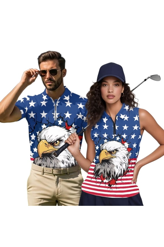 Matching Couple Sport Shirts Patriotic Star Eagle Couple Golf Matching Outfits Machine Washable Mens Hawaiian Shirt Quarter Zip Mens Shirts Casual for Golf Tennis Running Gym