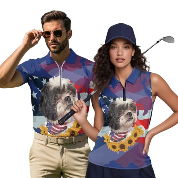 Aplkyhs Matching Golf Shirts for Couple American Flag Dog Quarter Zip His and Hers Golf Shirts Matching Moisture Wicking Mens Hawaiian Shirt Lapel Design Golf Accessories